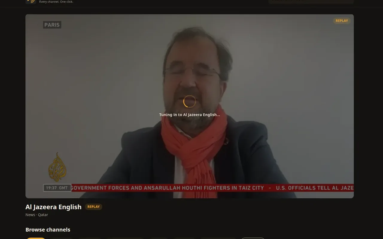 Airwave — live TV interface playing Al Jazeera English