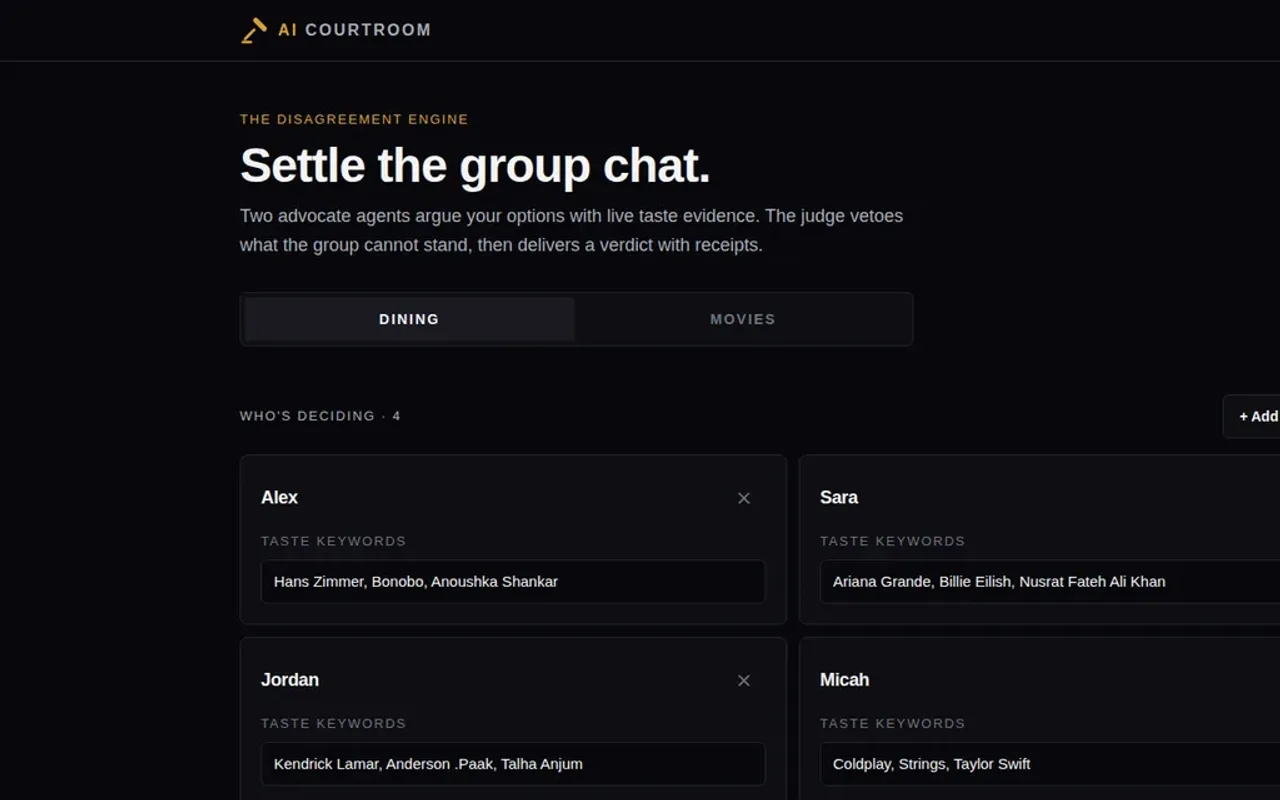 Gavel — live AI Courtroom interface, Settle the group chat